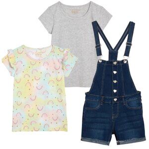 Girls Blue Steel Denim Overall Shorts Set With Two Tops - Gray & Rainbow Print S